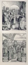 Kejsar Maximilians I:s triumfbåge (1459-1519): detalj som visar två paneler placerade ovanför den vänstra portalen som visar händelser i kejsar Maximilians liv, pub. 151728