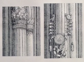 Triumfbågen av kejsar Maximilian I av Tyskland (1459-1519): två detaljer om de centrala portarna för heder och makt som visar vänster kolumn och utsmyckningar med huvuden, daterad 1515, pub. 151718 (wo
