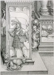 Kejsar Maximilian I:s triumfbåge av Tyskland 1459-1519: detalj av portalpelarens bas med en snidad relief av en mansfigur som bär en standard och en krönt vapensköld, pub. 151718 träc