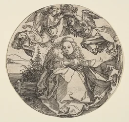 Jungfrun och barnet krönt av två änglar ovanför ett landskapslandskap utskuret, ca. 1504.