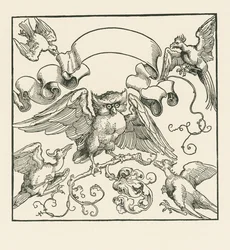 En uggla attackerad av fyra andra fåglar, ca 1515 (träsnitt)