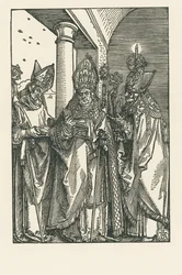 Biskopen Sankt Nicolaus, helgonen Ulrich och Erasmus, ca 1505 (träsnitt)