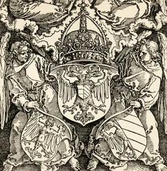Det germanska imperiets vapen, av Albrecht Durer (1471-1528), gravyr, Tyskland