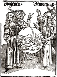 Diogenes (-413 - -327) och Demokritos (-460 - -370) - i "" Das Narrenschif (Dårarnas båt)" av Sébastien Brandt (1458 - 1521). Gravyr.