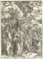 Fyra änglar som håller vindarna och de utvaldas signering. Johannes Uppenbarelsebok, ca 1497-98 (träsnitt)