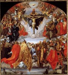 Gud, Jesus Kristus och den helige Andes duva (Alla helgons altartavla) (olja på trä