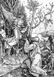 Joachim och ängeln från serien "Life of the Virgin", pub. 1511 (träsnitt)