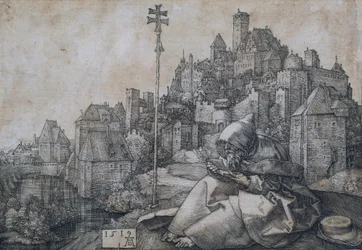 Sankt Antonius sitter framför en stad - Kopparstick av Albrecht Durer (1471-1528)