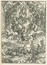 Johannes inför Gud och de tjugofyra äldste i himlen. Johannes Uppenbarelsebok, ca 1496 (träsnitt)