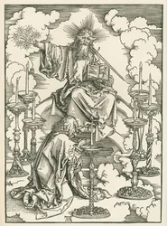 Johannes vision av Kristus och de sju ljusstakarna. Den helige Johannes uppenbarelse, ca 1496-98 (träsnitt)