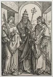 Saints Stephen, Sixtus och Lawrence, c.1504-05 (träsnitt)