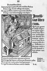 Savant på sitt kontor. Han har ett par glasögon på sig. Xylography of Durer, das narrenschiff av Sebastiano Brandt.