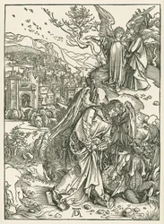 Ängeln med nyckeln som kastar ner draken i avgrunden och en annan ängel som visar Johannes det nya Jerusalem, ca 1497-98 (träsnitt)
