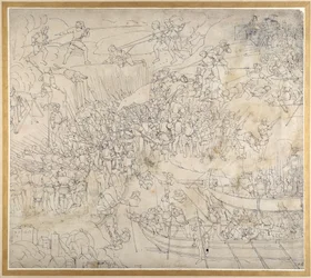 Överfallet nära Rorschach vid Konstanzjön, ca 1500 (penna och bläck på papper)