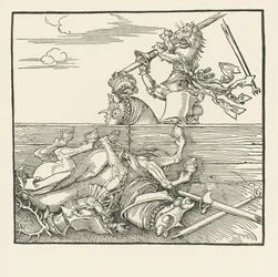 Den utländska turneringen. Maximilian har lyft upp sin motståndare Jacop de Heri ur sadeln, ca 1517-18 (träsnitt)