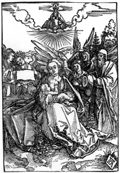 Den heliga familjen med fem änglar, ca 1504 (träsnitt)