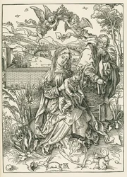 Den heliga familjen med tre harar, ca 1497 (träsnitt)