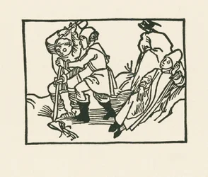 Prästen ligger på ängen, en korp kraxar på en ihålig sten, ca 1489-90 (träsnitt)