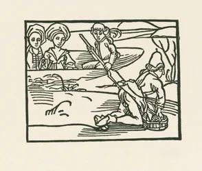 Hertiginnan sitter i en båt på vattnet där prästen tvättar sina underkläder, ca 1489-90 (träsnitt)