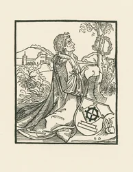 Poeten Sebastian Brant knäböjande