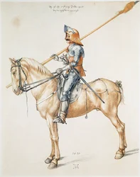 Den bepansrade riddaren. Akvarellteckning efter ett original av Albrecht Dürer