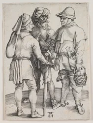 Tre bönder i samtal, ca 1497 (gravyr)
