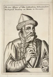 John Guttemberg, från Mechanick Exercises: or The Doctrine of Handy-Works appliced to the Art of Printing, pub. 1683