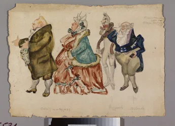 Olika manliga och kvinnliga kostymer. Kostymprojekt för operan "Eugene OneGuine"