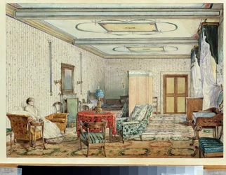Interiör (interiör). Verk av Alexander Andrejevitj Ivanov (1806-1858), akvarell och vitt på papper, rysk konst från 1800-talet. Statens konstmuseum, Nizhny Novgorod (Ryssland)