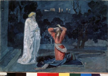Jesus i Olivträdgården (eller Getsemane trädgård) (Jesus i Getsemane trädgård). Verk av Alexander Andrejevitj Ivanov (1806-1858), akvarell på papper, omkring 1840. Rysk konst från 1800-talet. State Tretyakov Gallery, Moskva (Ryssland).