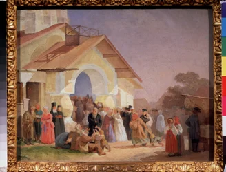 Kommer ut ur en kyrka i Pskov (Ryssland). Målning av Alexander Ivanovich Morozov (1835-1904), olja på duk