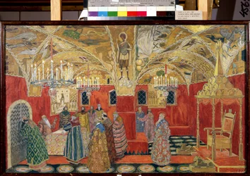 I Kreml. Förberedande teckning till operan Boris Godunov av Modeste Mussorgsky (1839-1881) (I Kreml. Scenografi till operan Boris Godunov av M. Mussorgsky). Verk av Alexander Yakovlevich Golovin (Alexander Golovin) (1863-1930), akvarell och