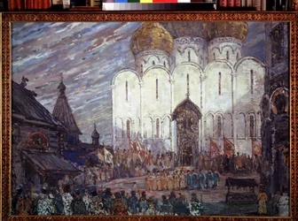Förberedande dekor för operan ""Boris Godunov"" av Modeste Mussorgsky (1839-1881) (Scenografi för operan Boris Godunov, av M. Moussorgsky). Verk av Alexander Yakovlevich Golovin (Alexander Golovin) (1863-1930), gouache på kartong