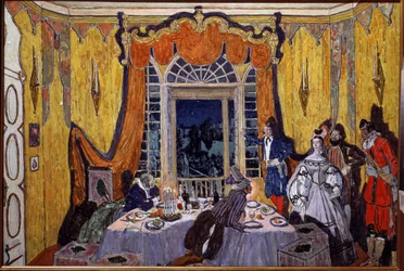 Förberedande dekor för operan ""Le guest de pierre"" av Alexandre Dargomyjski (1813-1869) (Scenografi för operan Stengästen, av A. Dargomyzhsky). Målning av Alexander Yakovlevich Golovin (Alexander Golovin) (1863-1930), olja på trä