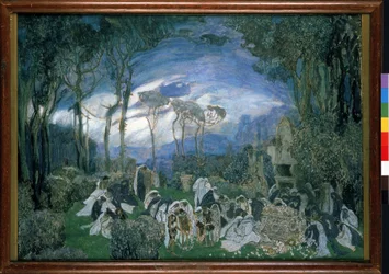 Förberedande dekor för operan Orpheo et Eurydice, av Christoph Willibald Gluck (1714-1787) (Scenografi för operan Orpheo och Euridice av Ch. Gluck). Verk av Alexander Yakovlevich Golovin (Alexandre Golovine) (1863-1930), gouache och pastell på duk