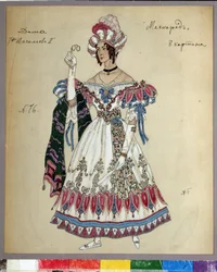 Kostymdesign för pjäsen le bal masque av Mikhail Lermontov (1814-1841) (Dräktdesign för pjäsen Maskeraden av M.Lermontov). Verk av Alexander Yakovlevich Golovin (Alexander Golovin) (1863-1930), akvarell, gouache, bläck och penna på papper