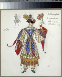 Kostymdesign för pjäsen le bal masque av Mikhail Lermontov (1814-1841) (Dräktdesign för pjäsen Maskeraden av M.Lermontov). Verk av Alexander Yakovlevich Golovin (Alexander Golovin) (1863-1930), akvarell, gouache, bläck och penna på papper