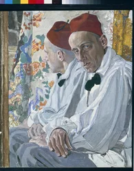 Porträtt av showproducenten Vsevolod Meyerhold (1874-1940). Verk av Alexander Golovin (Alexander Golovin) (1863-1930), tempera på panel