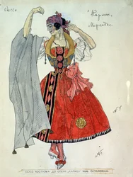 Kostymskiss till operan Carmen av Georges Bizet (1838-1875). Verk av Alexander Yakovlevich Golovin (Alexandre Golovine) (1863-1930), tusch och akvarell på papper