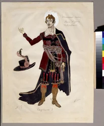 Kostymdesign för operan ""Le guest de pierre"" av Alexandre Dargomyjski (1813-1869) (Dräktdesign för operan Stengästen av A.Dargomyzhsky). Verk av Alexander Yakovlevich Golovin (Alexander Golovin) (1863-1930); Akvarell, gouache och e