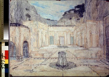 Scenografi för tragedin Antigone efter Sofokles (496 f.Kr.-406 f.Kr.) (Scenografi för tragedin Antigone efter Sofokles). Ett offentligt torg omgivet av antika byggnader i ett bergslandskap. Alexanders verk