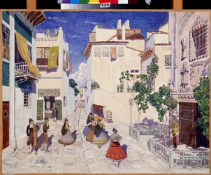 Une rue a Sevilla (Spanien), Dekor för operan Carmen av Georges Bizet (1838-1875) (A Street in Sevilla, Scenografi för operan Carmen av G.Bizet). Verk av Alexander Yakovlevich Golovin (Alexander Golovin) (1863-1930), tempera på papper