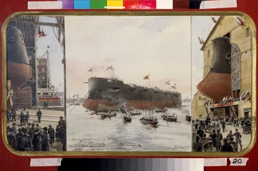Lanseringen av Battlecruiser Pamiat Azova. Målning av Alexander Karlovich Beggrov (1841-1914). Akvarell och tusch på papper, 33 x 60 cm
