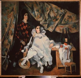 Cyrano jonglering bröderna. (i Pierrot och Harlequin-dräkt). Målning av Alexander Vasilyevich Shevchenko (Alexander Shevchenko) (1883-1948), olja på duk