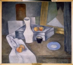 Stilleben med äpplen och blått fat (Stilleben med äpplen och blått fat) - Verk av Alexander Vasilyevich Shevchenko (Alexandre Chevtchenko) (1883-1948), olja på kartong, cirka 1910 - Rysk konst, 1900-talet, avantgarde - Statsryska Museum, S