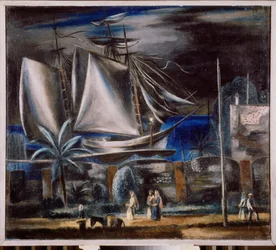 Port marin, la nuit (Ett högt skepp förtöjer vid Svarta havet) - Seaport at Night - Målning av Alexander Vasilyevich Shevchenko (Alexander Chevtchenko) (1883-1948), olja på duk