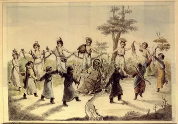 Allegori över årets tolv månader. (Allegori om årets tolv månader). Tolv karaktärer (barn, kvinna, man), var och en kännetecknad av ett symboliskt tillbehör eller en detalj av hans kostym, kretsar runt en gammal man med en krona,