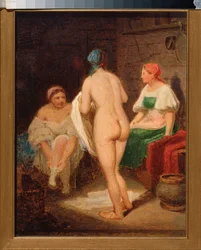 Dans le bain devapor (I Steam Bath) - Verk av Alexei Gavrilovich Venetsianov (1780-1847), olja på kartong, slutet av 1820, rysk konst 1800-talet, romantik - Tretyakov Gallery, Moskva