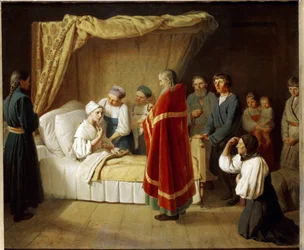 Eukaristin till de döende. En präst i den ortodoxa kyrkan kommer till en sjuk kvinnas säng för att ge henne det liturgiska sakramentet, omgiven av familjemedlemmar. Målning av Alexei (Alexis) Gavrilovich Venetsianov (