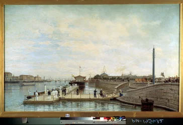 ""Ceremoni för tvåhundraårsdagen (200-årsjubileum) av tsar Peter I den stores födelse (1672-1725) på Neva i Sankt Petersburg"" Målning av Alexei Petrovich Bogolyubov (Bogoliubov eller Bogolioubov) (1824-1896, ryska staten) 1872 Museum, Sain